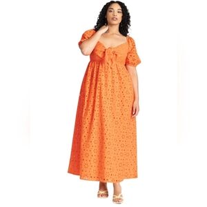 SZ22 100% Cotton Eyelet Lace Orange Maxi Dress Eloquii Tie Front